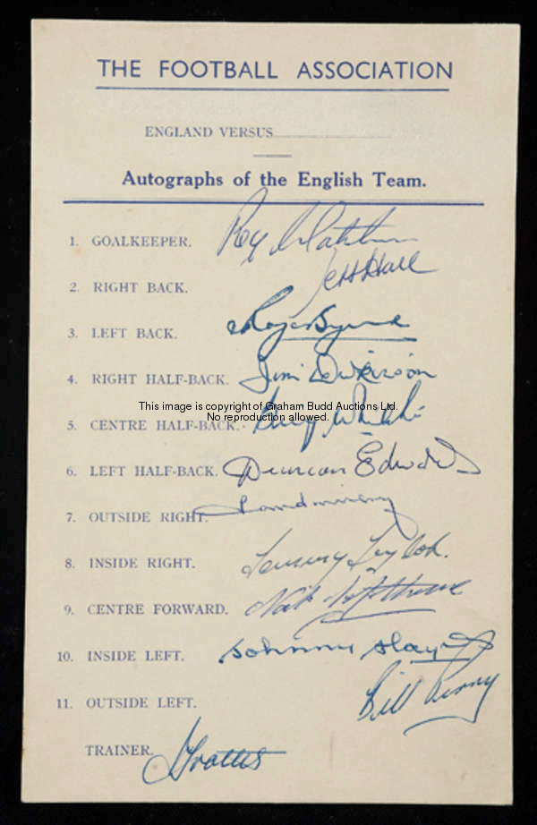 An official Football Association sheet of signatures for the England v Scotland international at Wem...