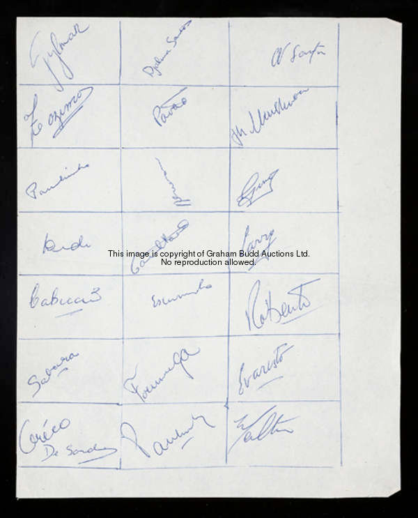 The autographs of the Brazilian team who played England at Wembley on 9th May 1956, comprising a she...