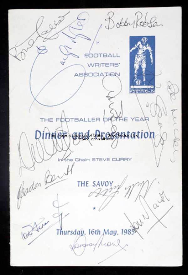 An autographed 1985 Football Writers' Association Footballer of the Year [Neville Southall] Dinner m...