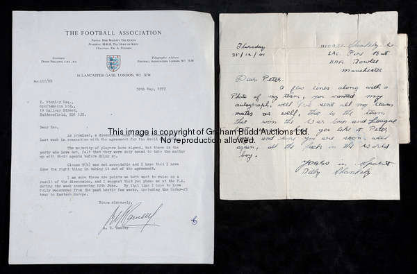 Autographed letters from the British managerial greats Sir Alf Ramsey and Bill Shankly, the Ramsey l...
