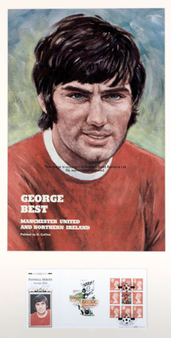 A signed George Best framed presentation, comprising a 1996 British Football Heroes commemorative po...