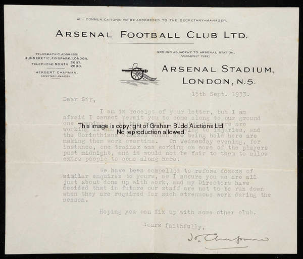 A signed typescript letter from Herbert Chapman on Arsenal club letterhead dated 15th September 1933...