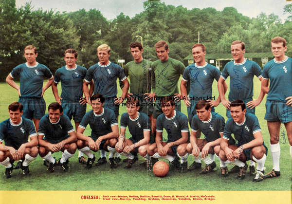 1960s and 1970s Chelsea memorabilia, comprising: a 60s squad-signed double-page colour magazine phot...