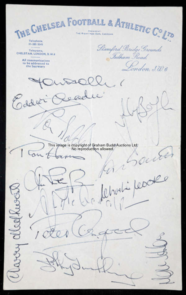 The signatures of the Chelsea team circa 1970 on club letterhead, 13 signatures in blue biro includi...