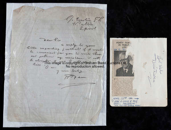 An autographed 1930s manuscript letter from Dixie Dean, sent from C/o Everton FC, Walton, Liverpool,...
