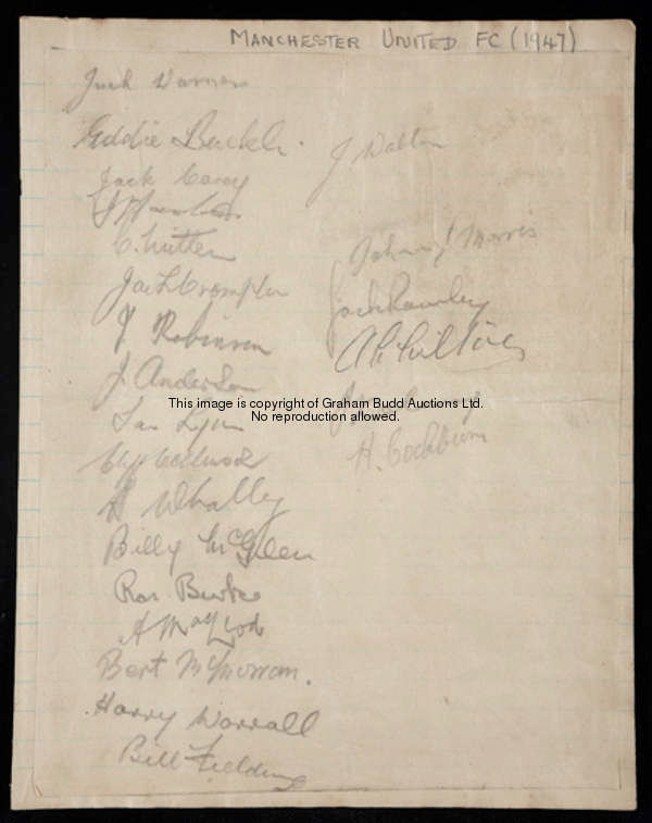 The signatures of Manchester United squad dated 1947, 23 signatures in pencil on a sheet, including ...