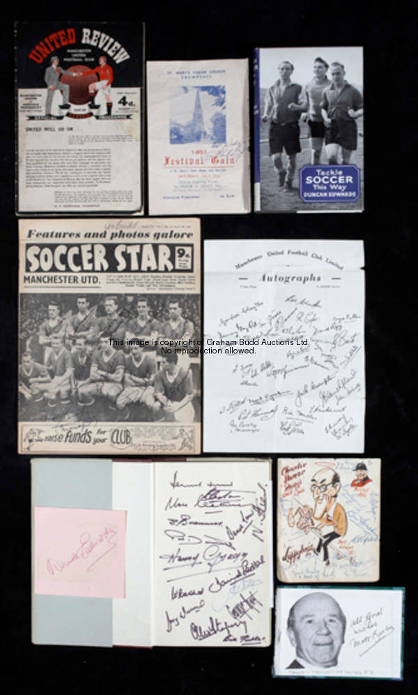 A collection of nine items of Busby Babes memorabilia, the match programme for the first match after...