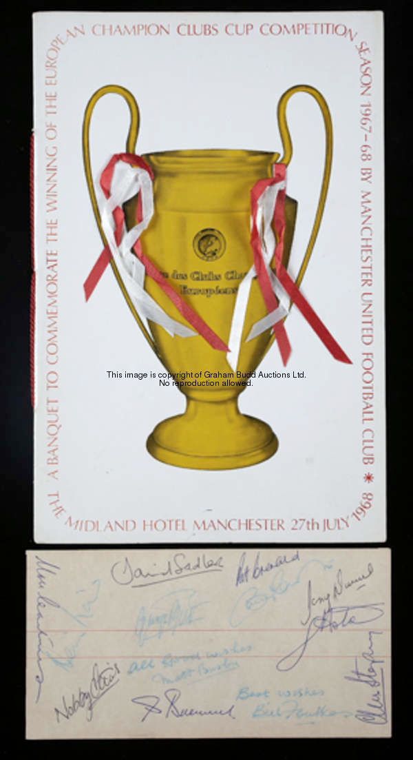 Manchester United 1968 European Cup memorabilia, comprising: the banquet menu for the celebrations h...