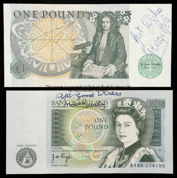 A pair of Bank of England one pound banknotes signed by Matt Busby and George Best, the Best-signed ...