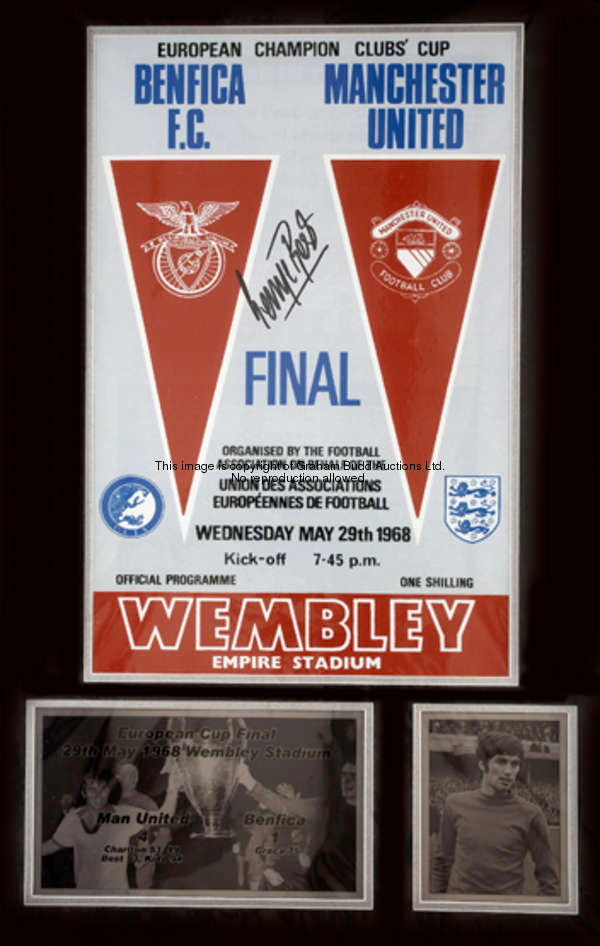 A signed George Best 1968 European Cup final display, the enlarged reproduction of the match program...