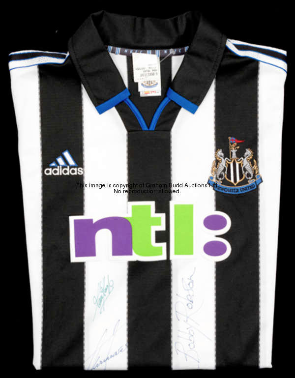 A replica Newcastle United jersey signed by club legends Bobby Robson, Alan Shearer and Kevin Keegan...