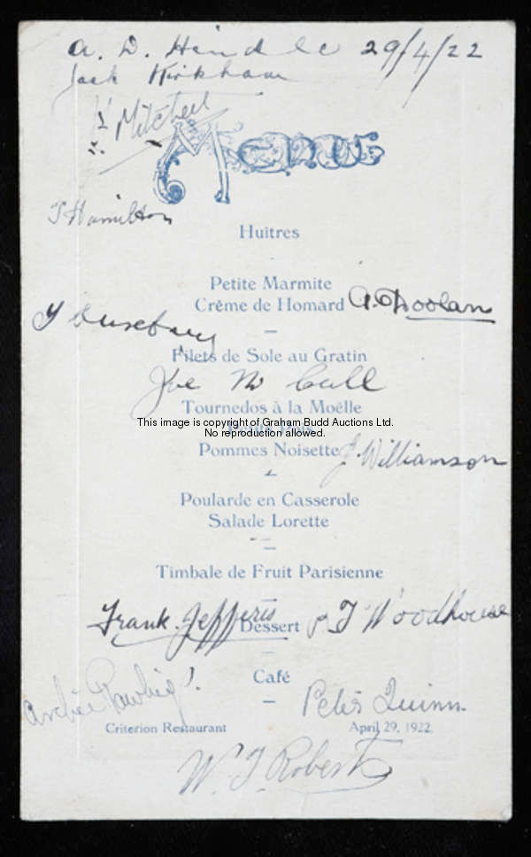 A signed Preston North End 1922 F.A. Cup final menu card, held at the Criterion Restaurant 29th Apri...