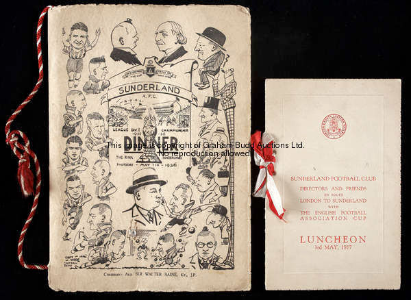 An autographed Sunderland AFC celebration dinner menu for the 1935-36 Championship winning season, h...