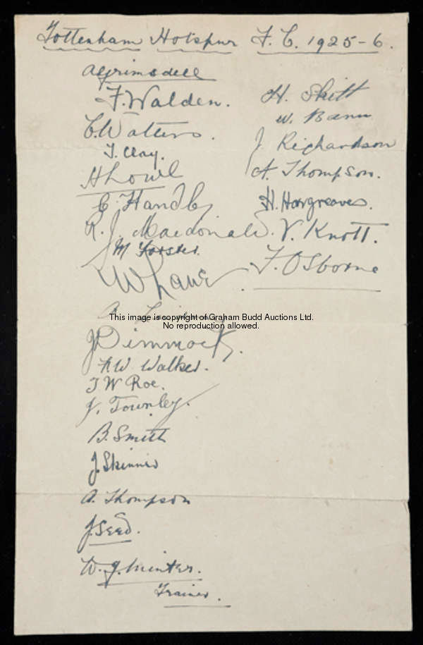 The autographs of the Tottenham Hotspur squad in season 1925-26, 26 signatures in ink on an album pa...