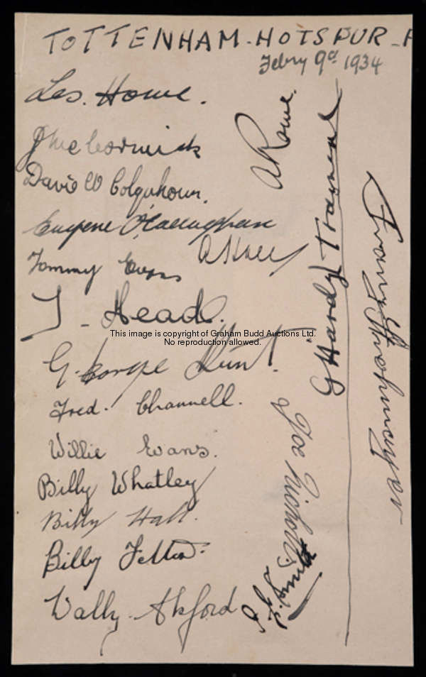 The autographs of the Tottenham Hotspur team dated 9th February 1934, signed in ink on an album page...