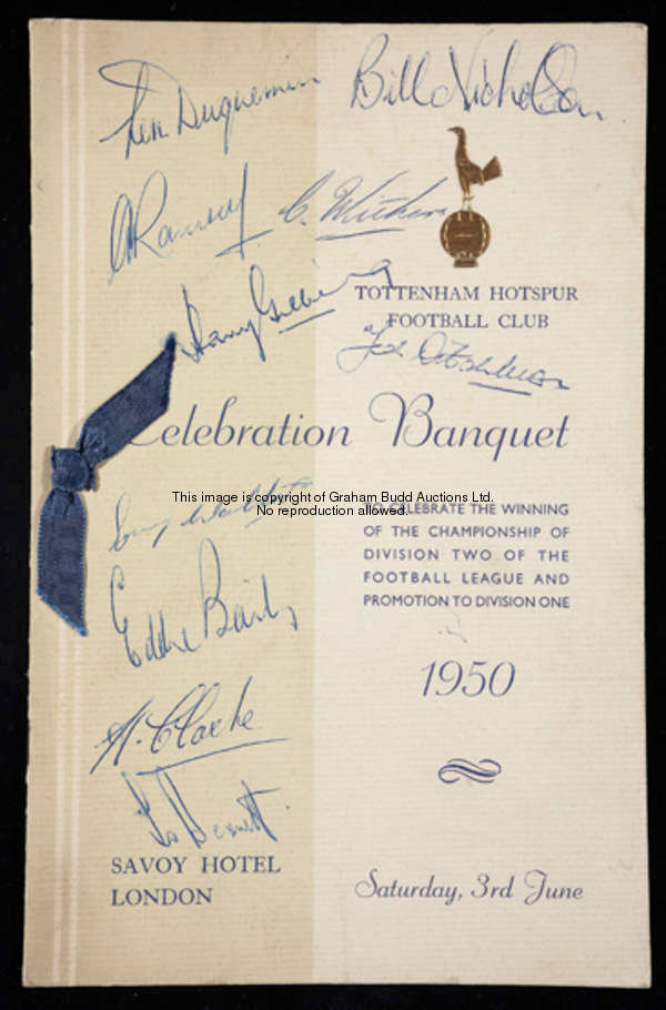 A signed Tottenham Hotspur 1950 Division Two Championship celebration banquet menu, held at the Savo...