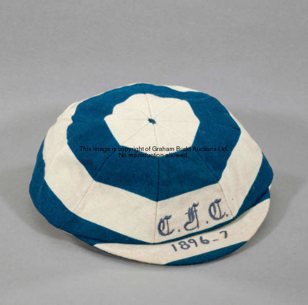 William Moon's Corinthians F.C. cap season 1896-97, blue & white hooped, inscribed C.F.C., 1896-7  F...