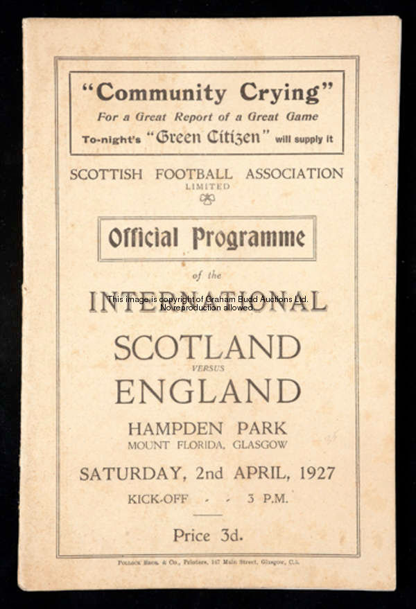 Scotland v England international programme played at Hampden Park 2nd April 1927