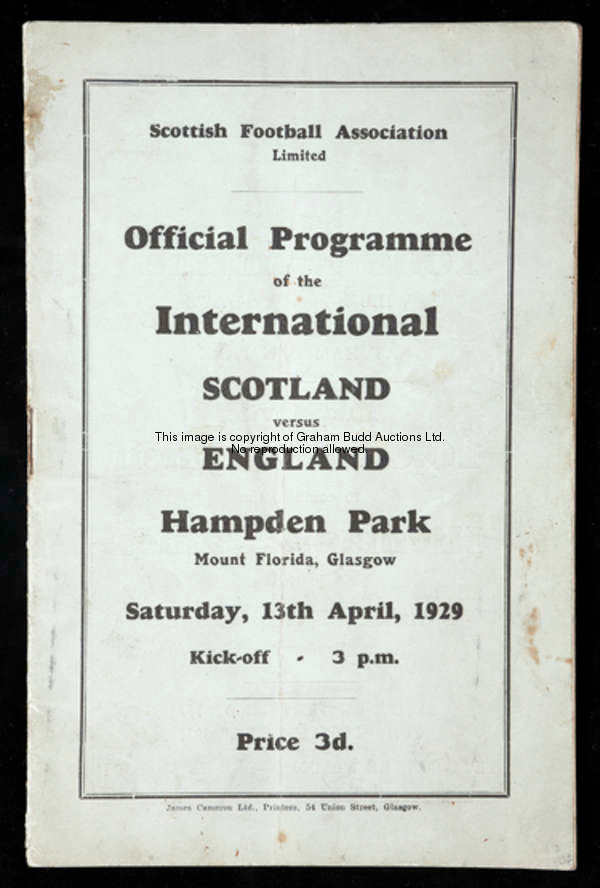 Scotland v England international programme played at Hampden Park 13th April 1929