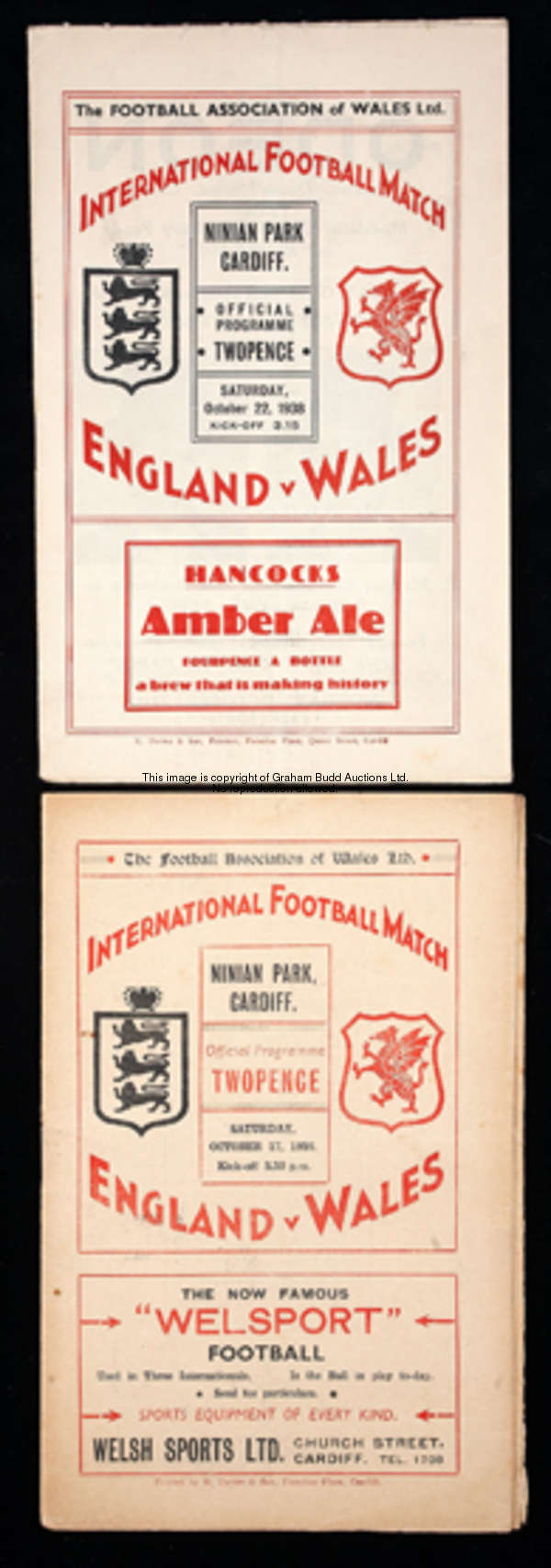 Two programmes for Wales v England international matches played at Ninian Park in the 1930s, 17th Oc...