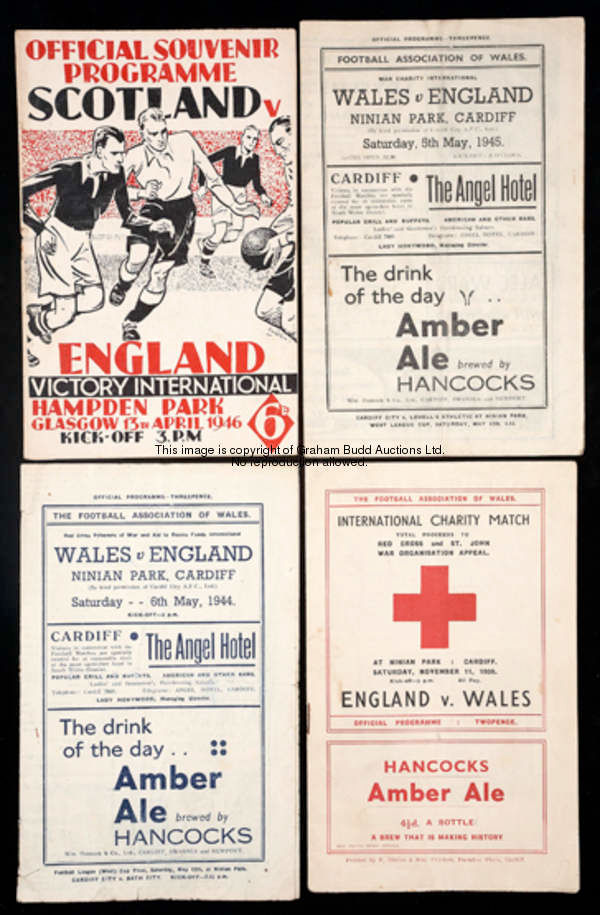 Four England wartime international away match programmes, v Wales at Ninian Park 11th November 1939,...