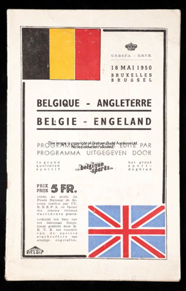 Belgium v England international match programme played at the Heysel Stadium Brussels 18th May 1950