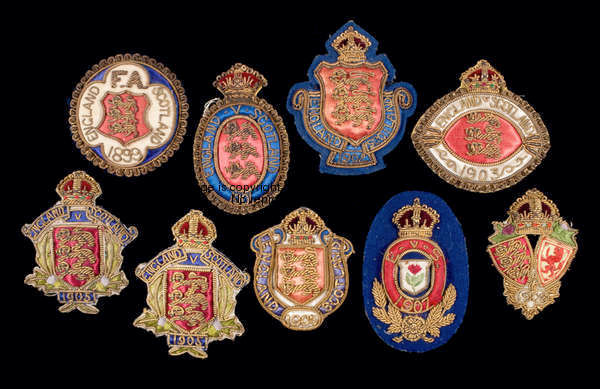 A pair of Football Association Councillor's badges for the 1905 England v Scotland international pla...