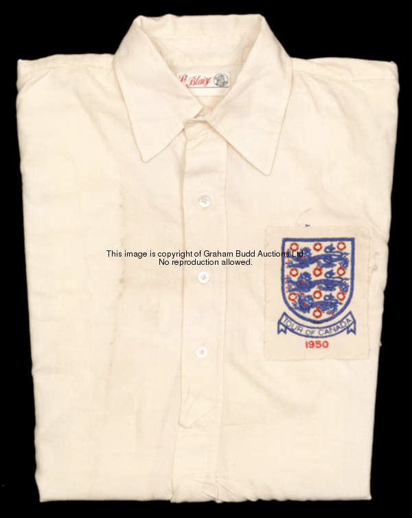 Jim Taylor's white No.7 Football Association representative shirt from the 1950 Tour of Canada, by S...