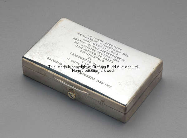 A silver cigarette case presented by Real Madrid to Raymond Kopa on the occasion of the 1956-57 Span...