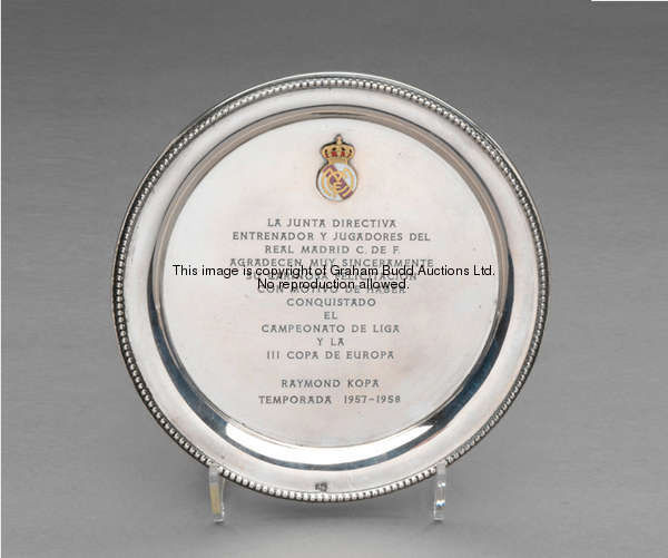 A silver card tray presented by Real Madrid to Raymond Kopa on the occasion of the 1957-58 Spanish C...