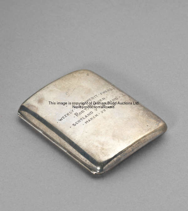 A silver cigarette case presented to Bobby Walker on the occasion of the Scotland v England internat...