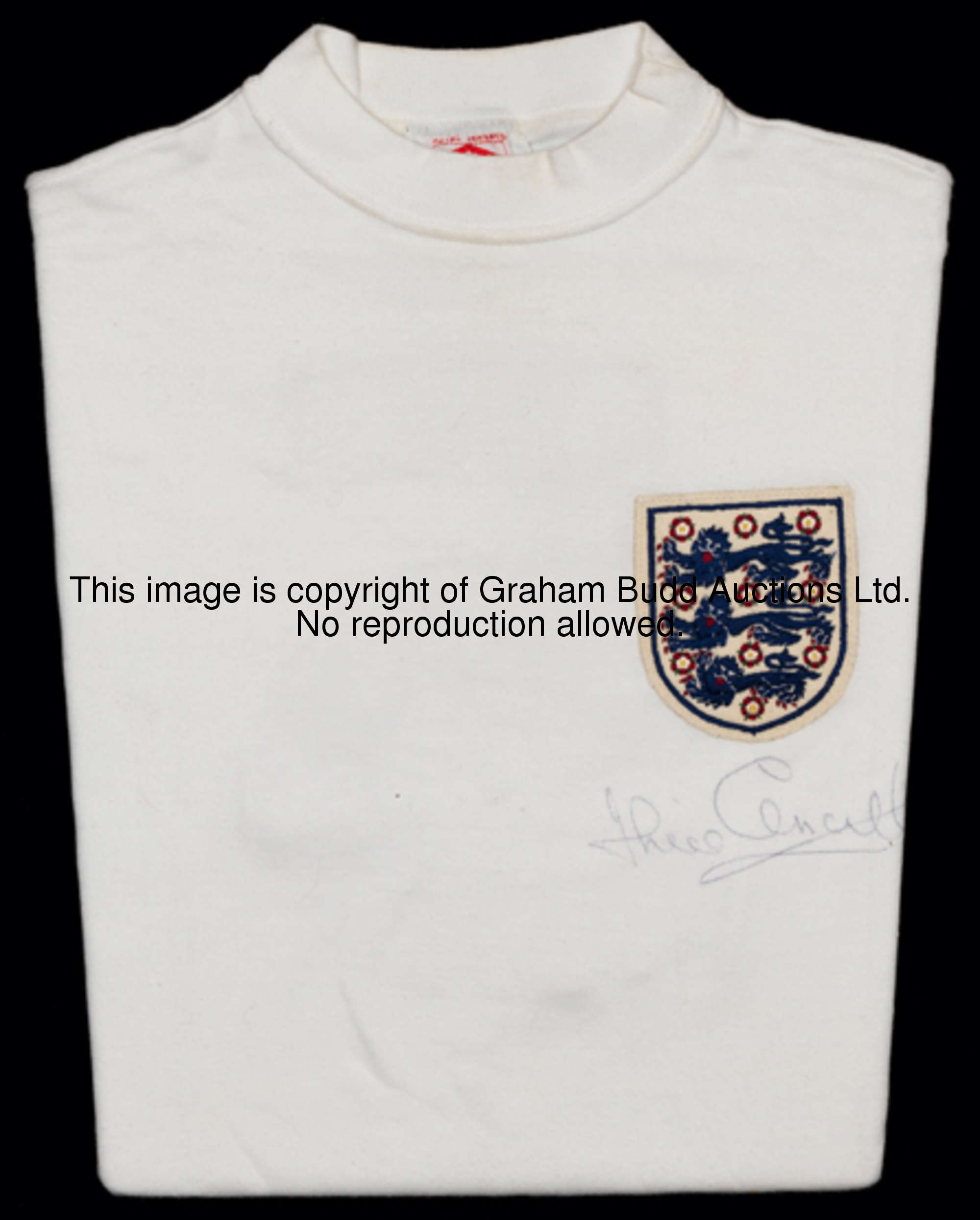 Jack Charlton: a signed white England No.5 jersey circa season 1969-70, signed by Jack Charlton bene...