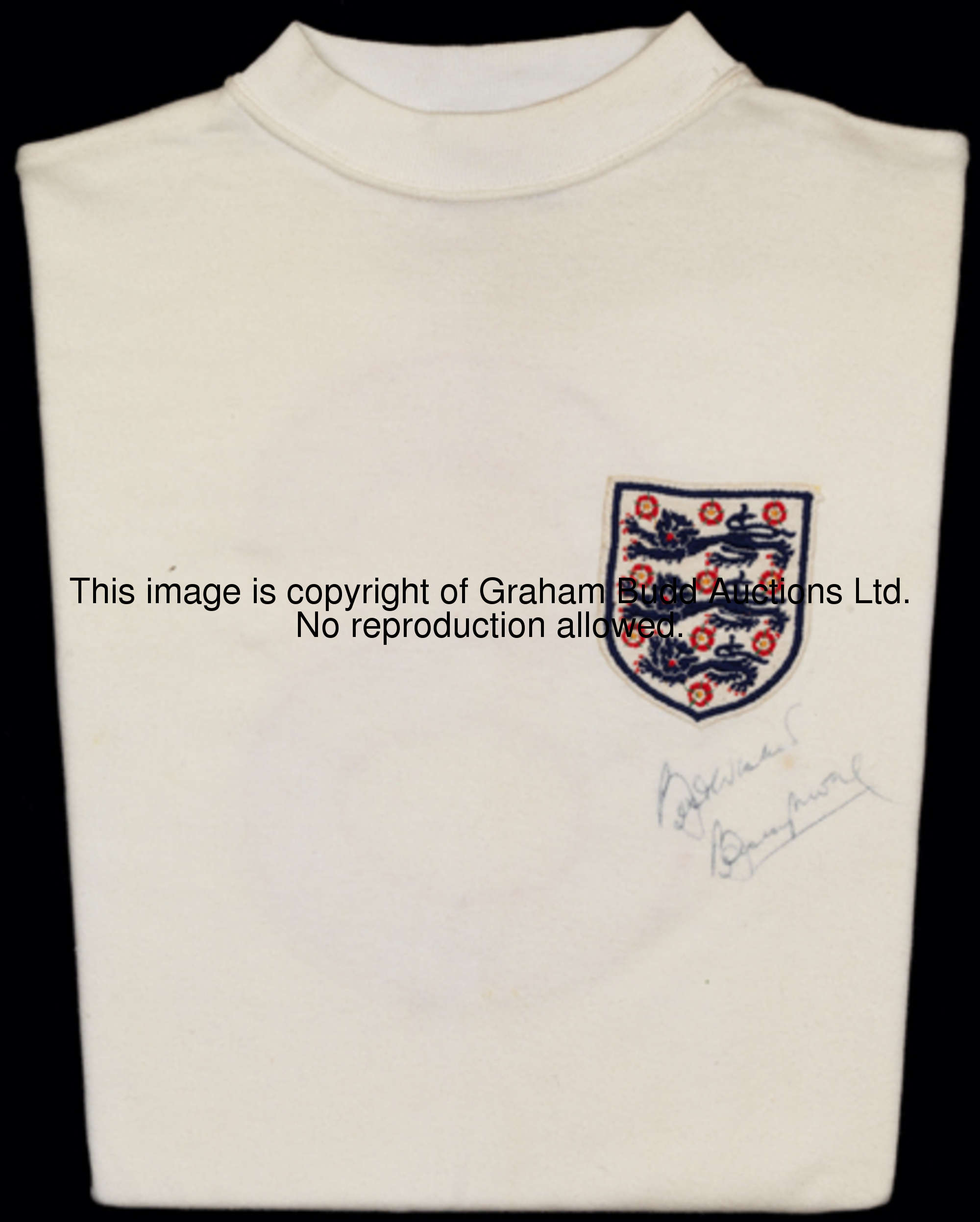 Bobby Moore: a signed white England No.6 jersey circa season 1968-69, signed by Bobby Moore beneath ...