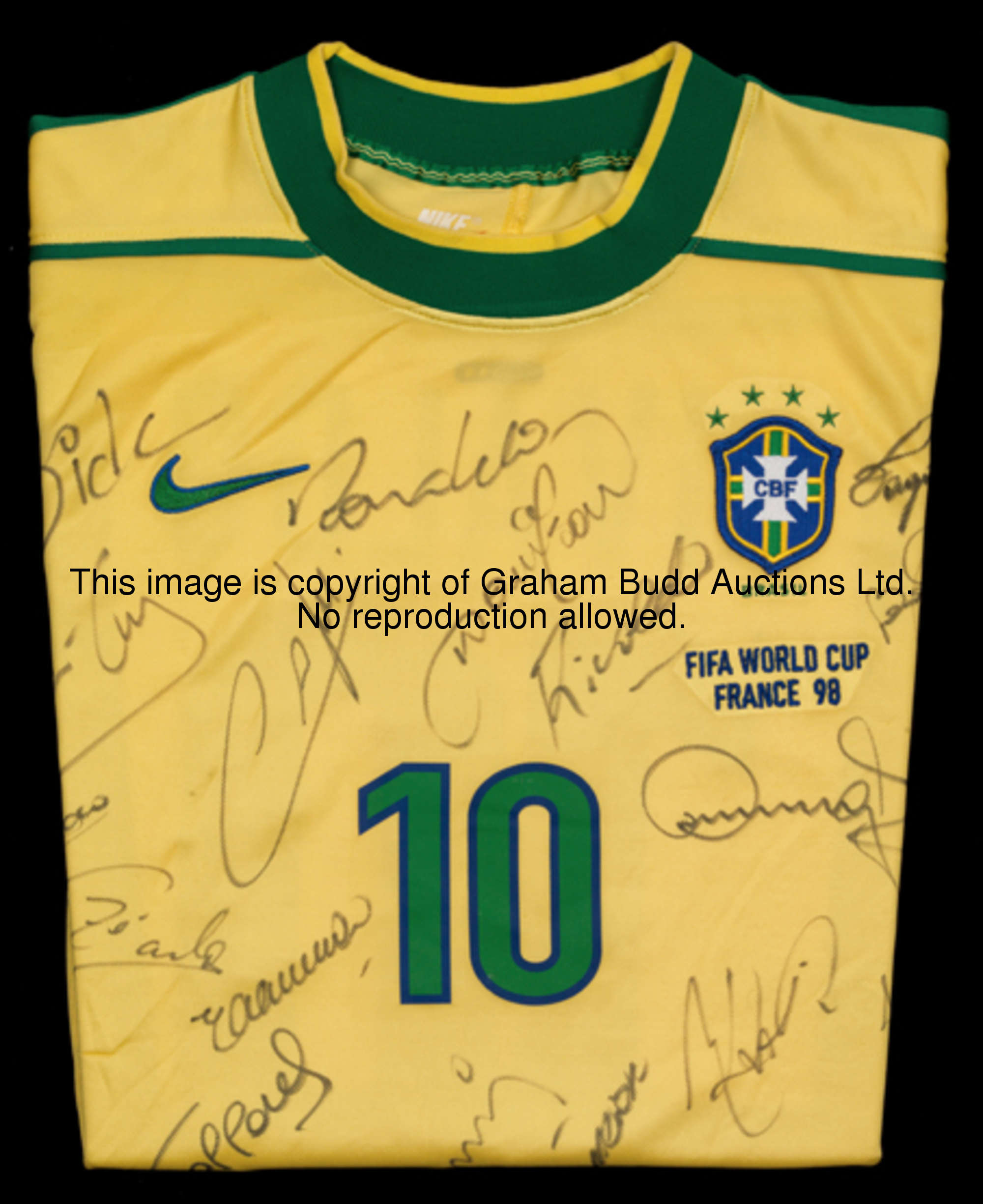 Rivaldo: a team-signed yellow Brazil No.10 1998 World Cup jersey, short-sleeved, inscribed FIFA WORL...