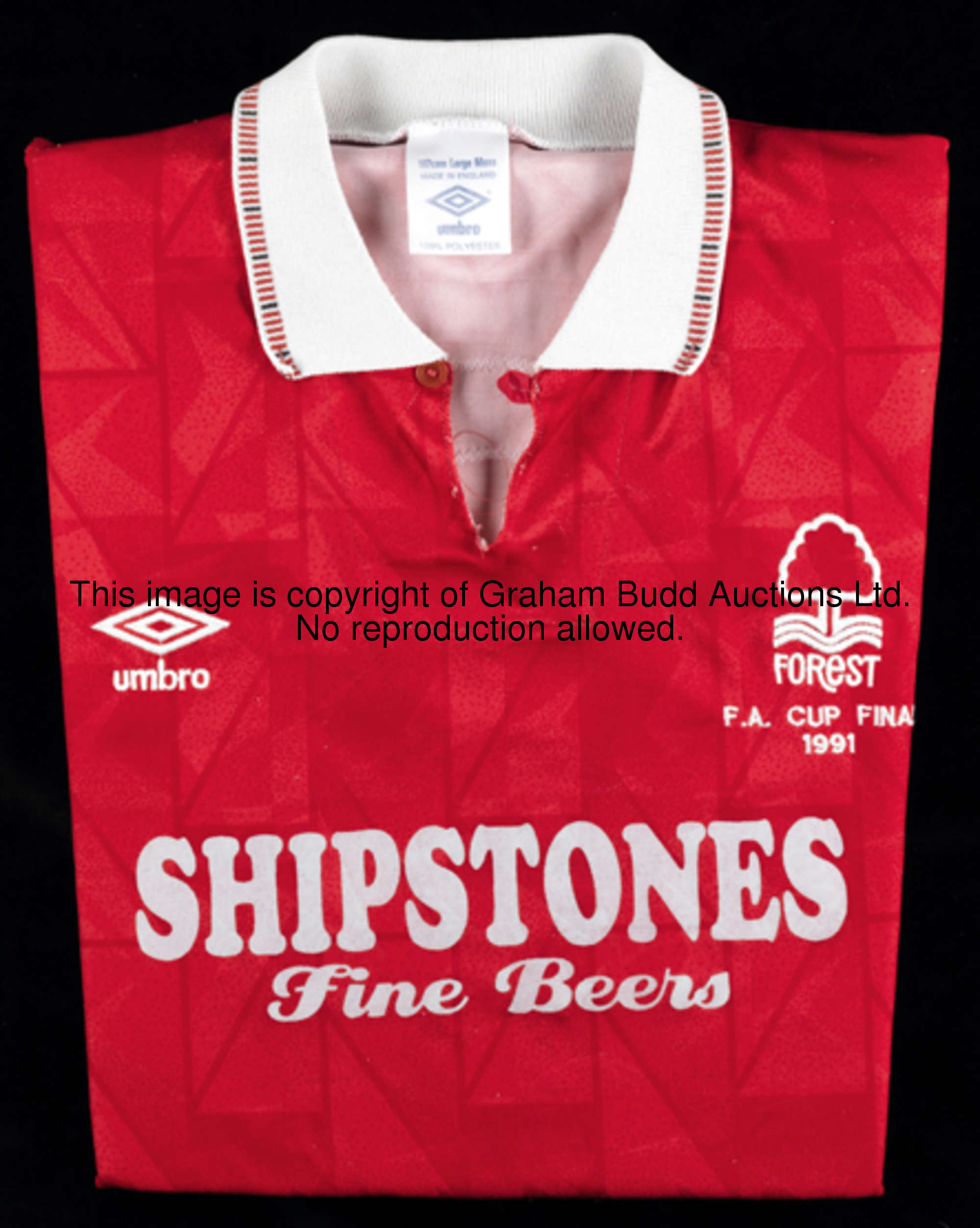 Gary Charles's match-worn red Nottingham Forest No.2 1991 F.A. Cup final jersey, short-sleeved, insc...