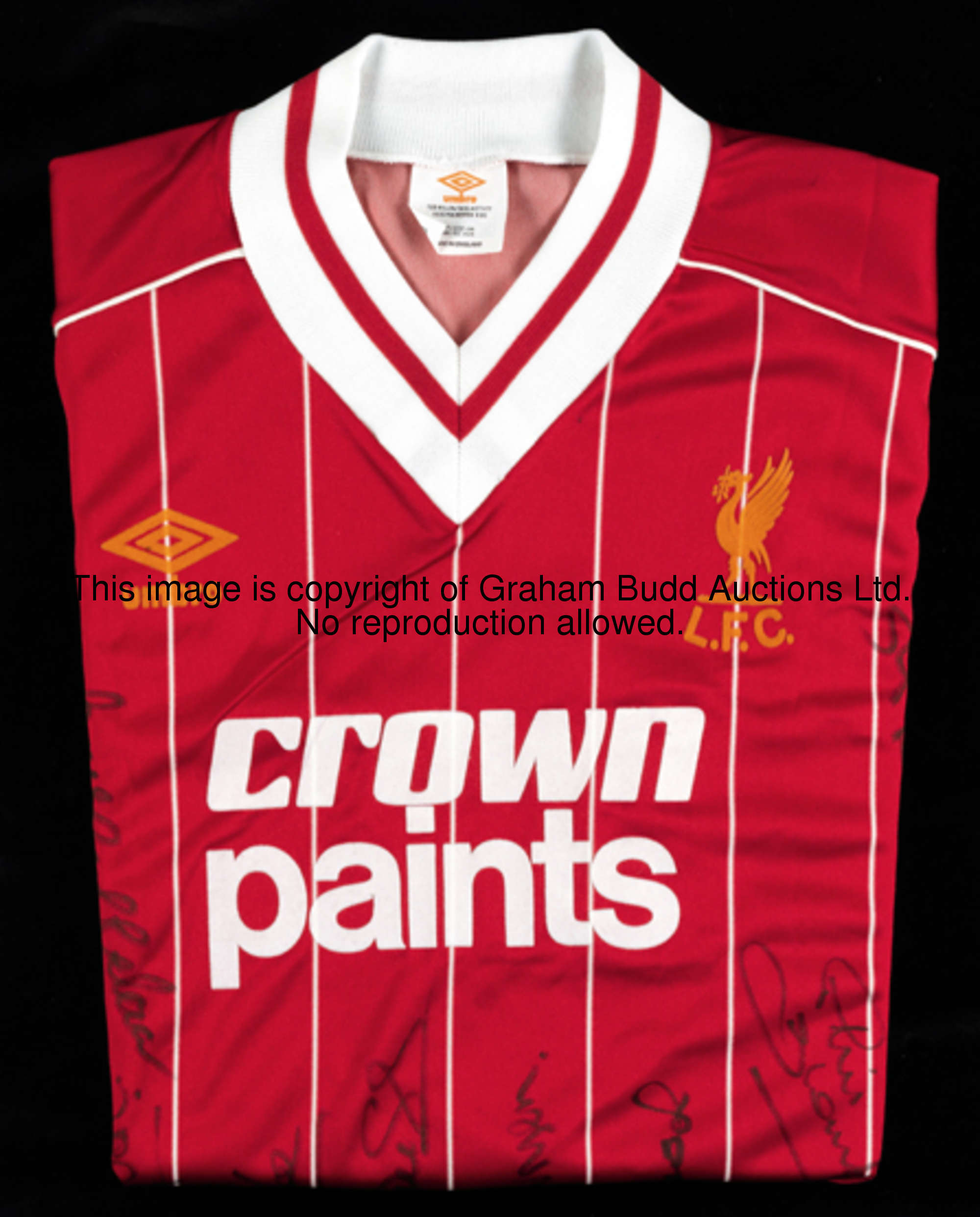 Mark Lawrenson: a squad-signed Liverpool No.4 jersey, short-sleeved, 16 signature in black marker pe...