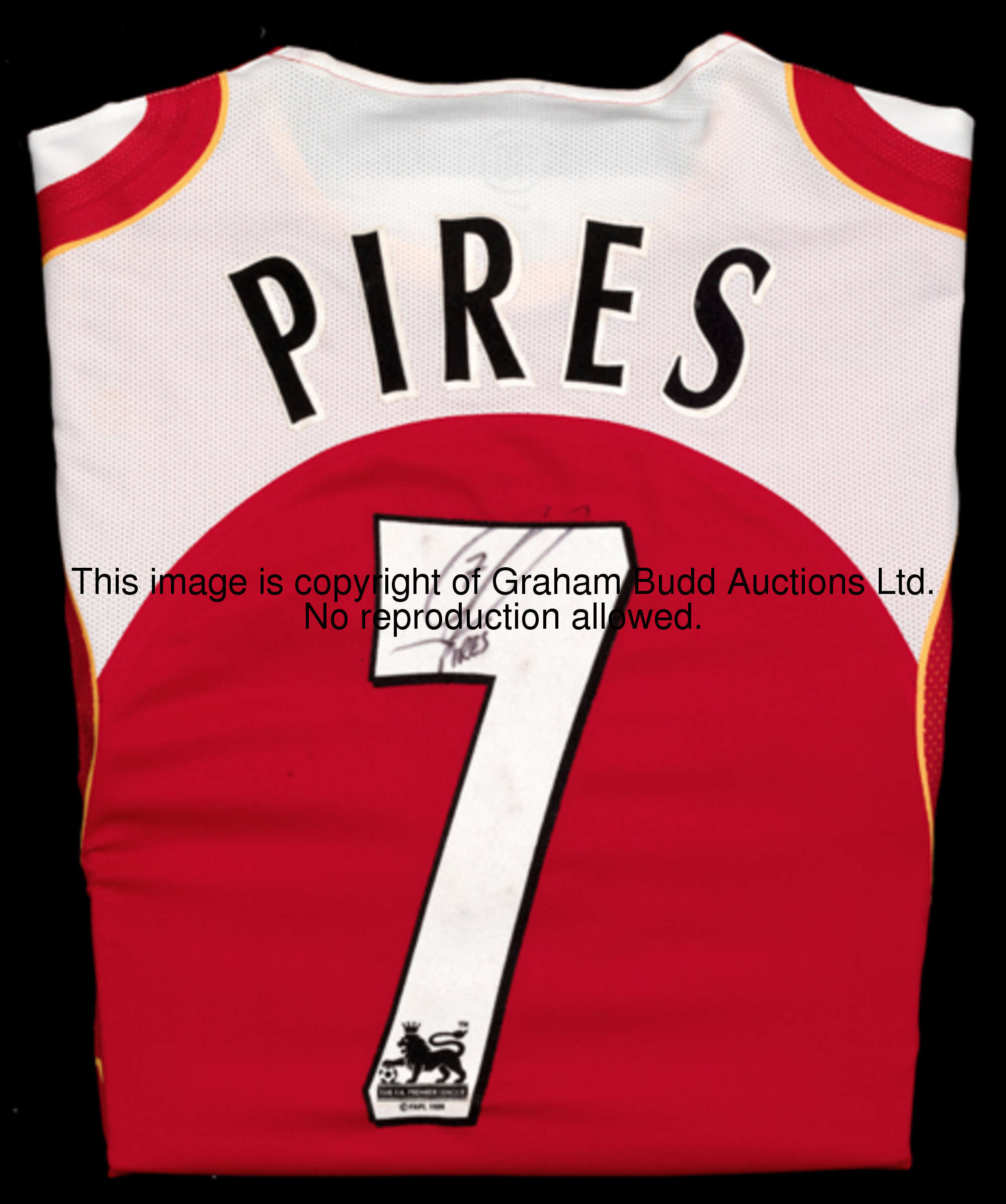 Robert Pires: a signed red & white Arsenal No.7 jersey season 2004-05, signed in black marker pen to...