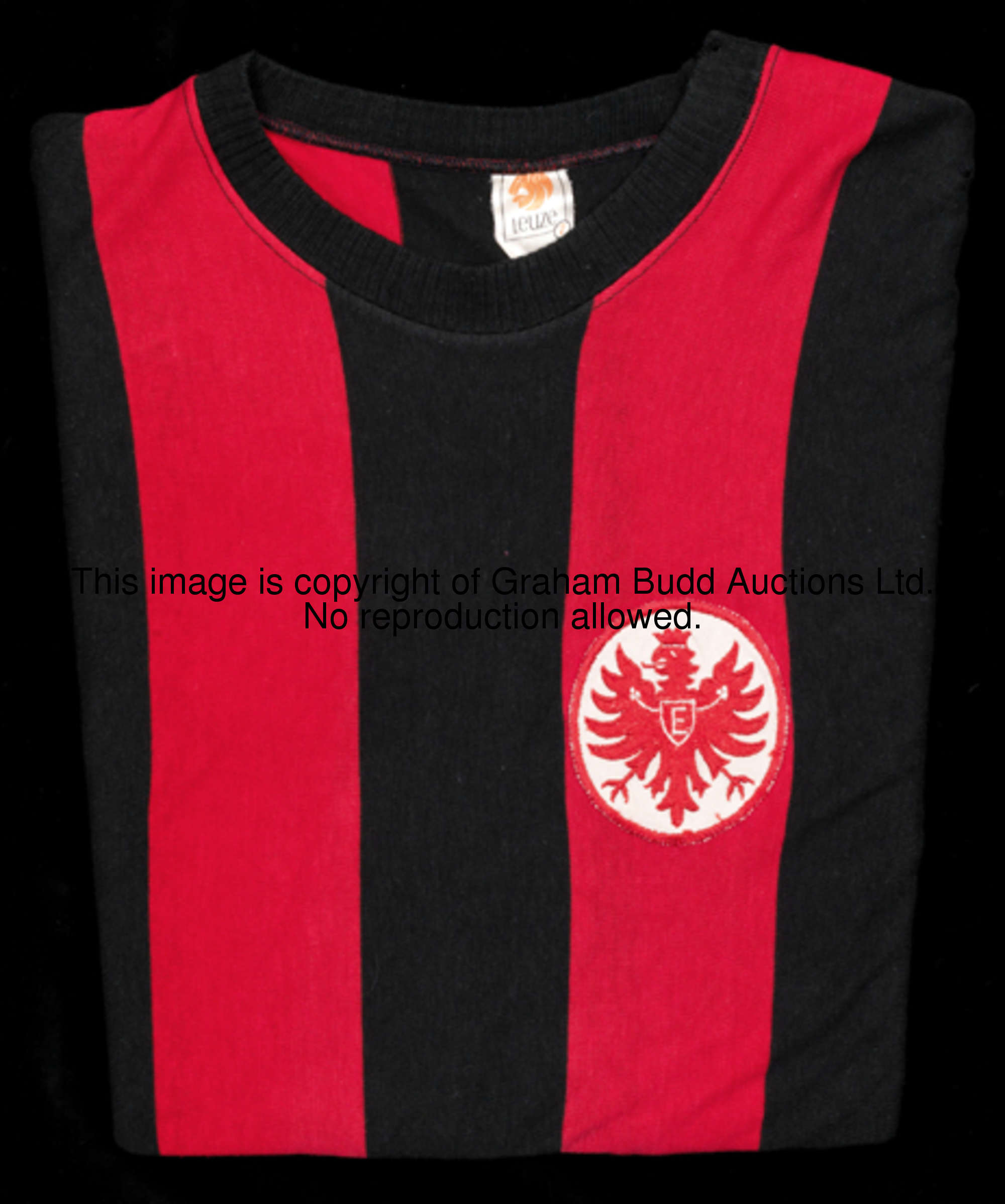 A red & black striped Eintracht Frankfurt No.16 jersey, long-sleeved, embroidered cloth badge  This ...