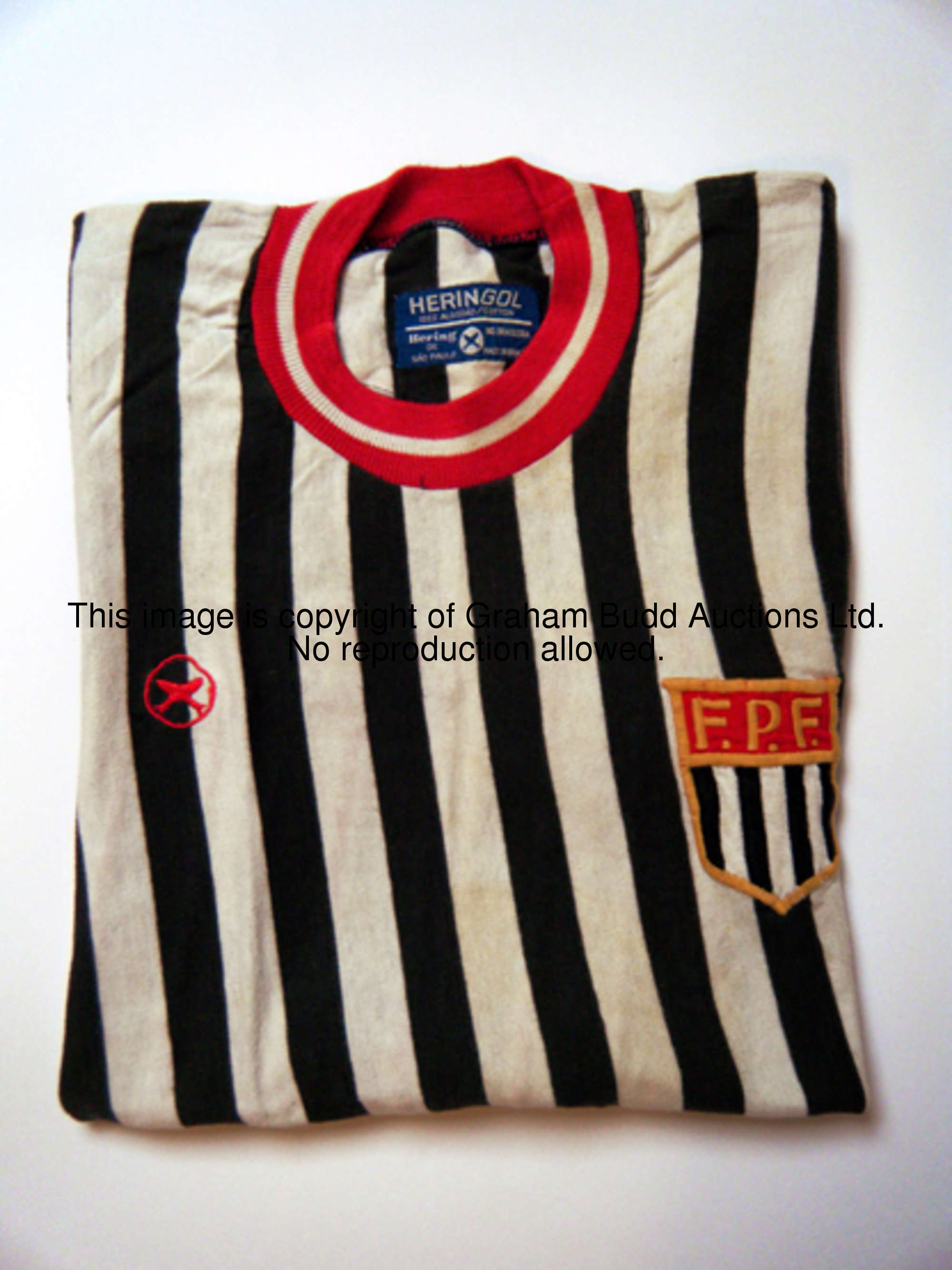 Pele: a black & white striped [Sao Paulo] Campeonato Paulista No.10 jersey 1960s short-sleeved, embr...