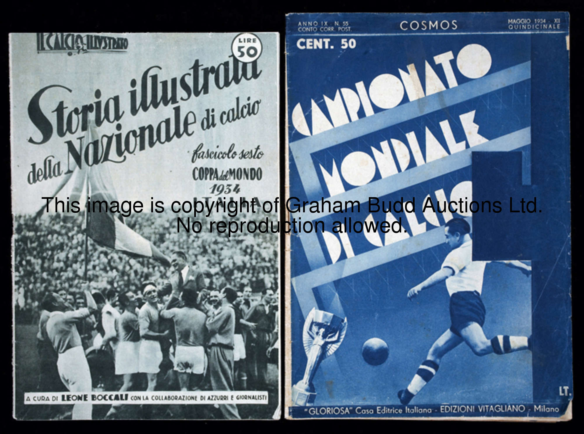 Eight Italian souvenir magazines with coverage of the 1934 and 1938 World Cups, two for 1934, Campio...