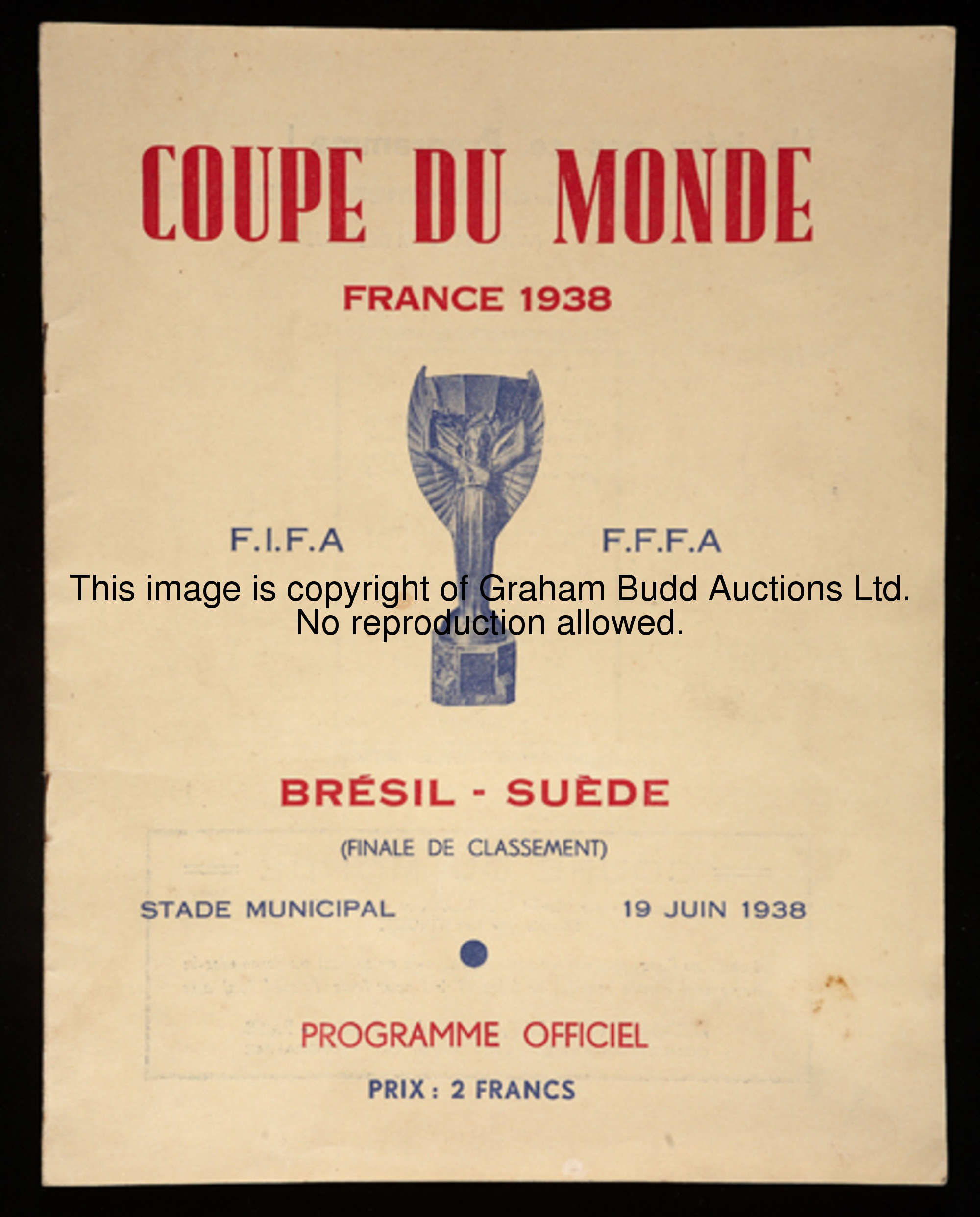 A rare programme for Brazil v Sweden 3rd/4th place play-off match at the 1938 World Cup played at th...