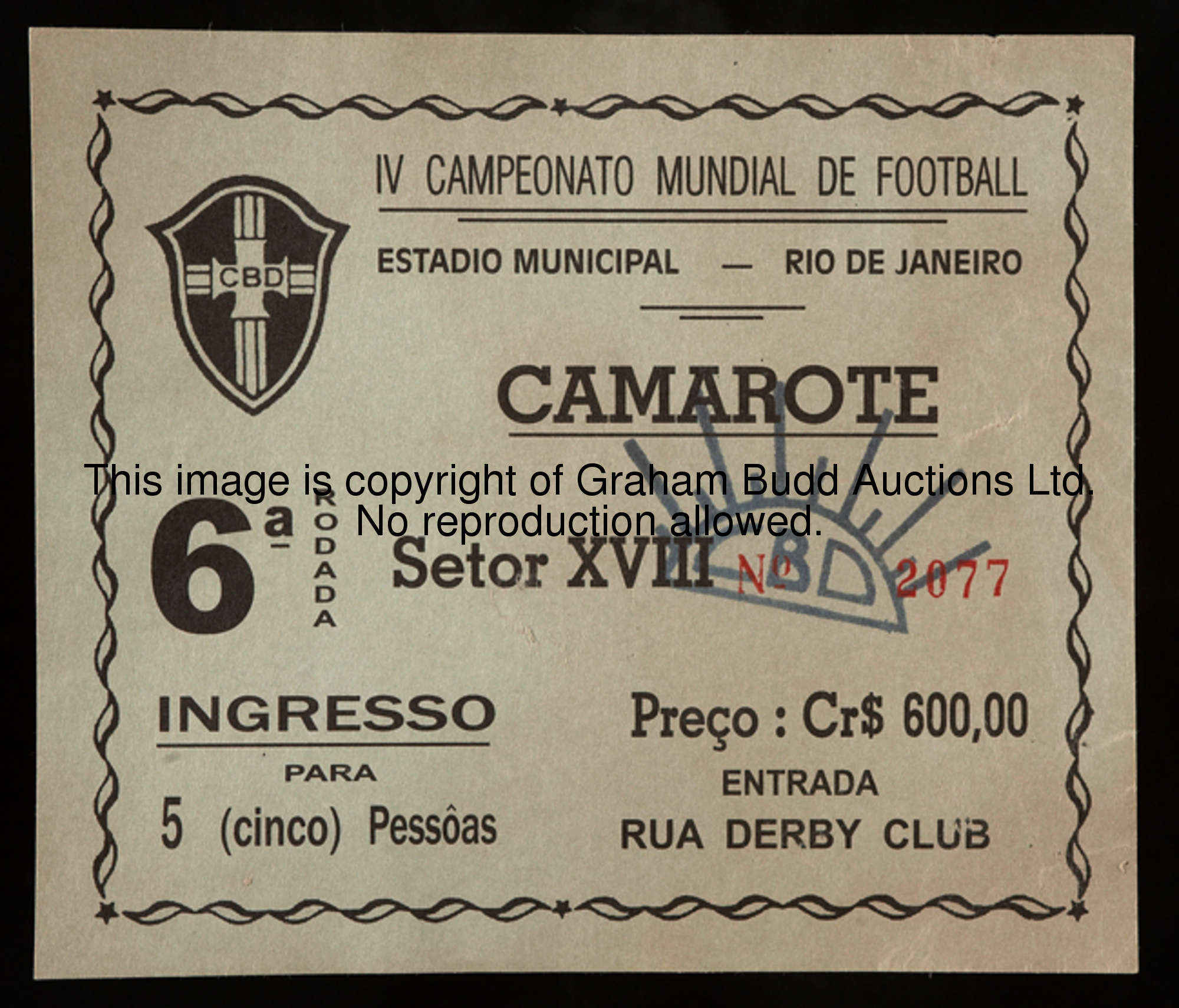 A ticket for the Brazil v Uruguay 1950 World Cup final played at the Maracana, Rio de Janeiro, 16th ...