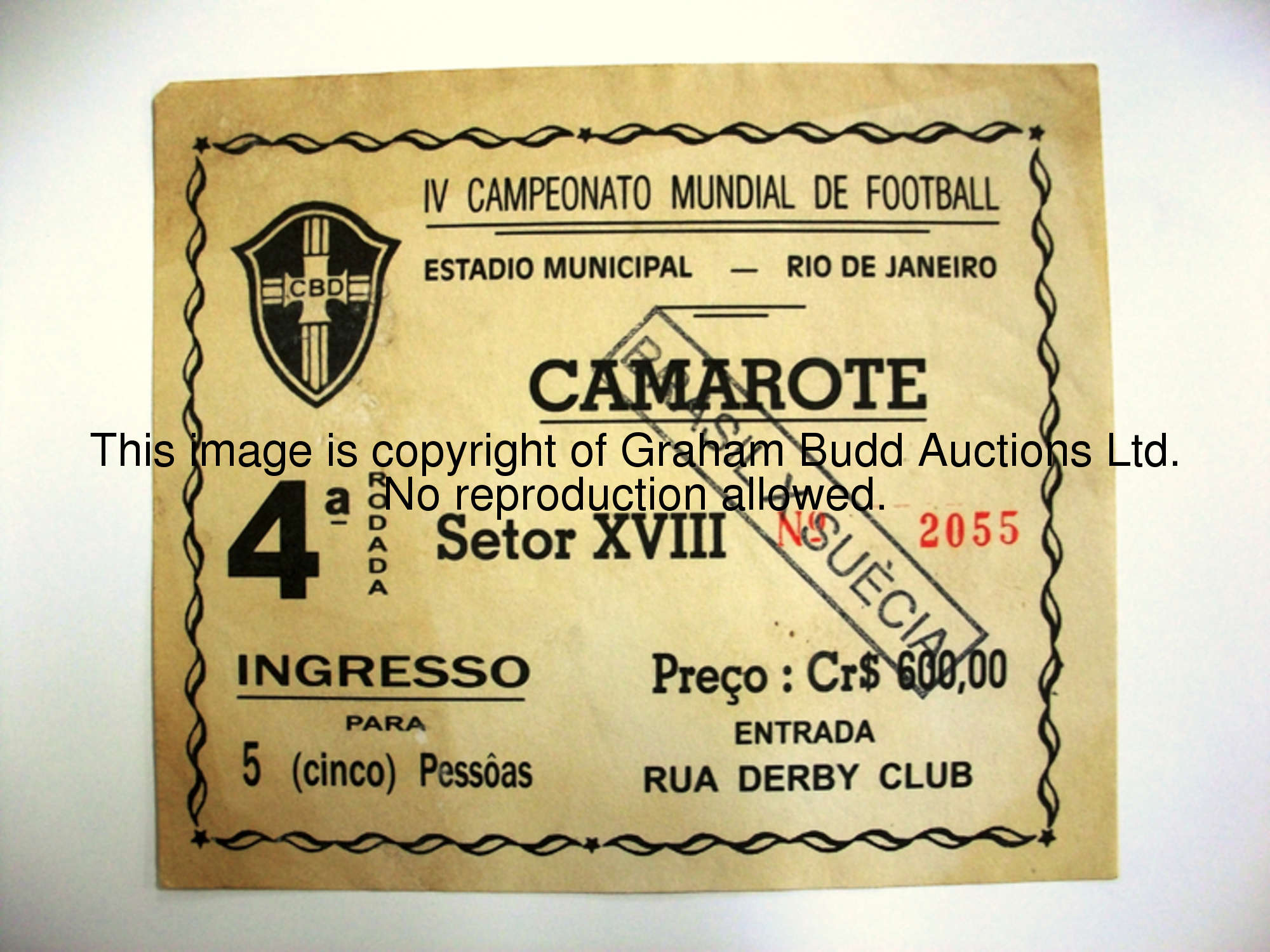 A ticket for the Brazil v Sweden 1950 World Cup Final Round match  played at the Maracana, Rio de Ja...