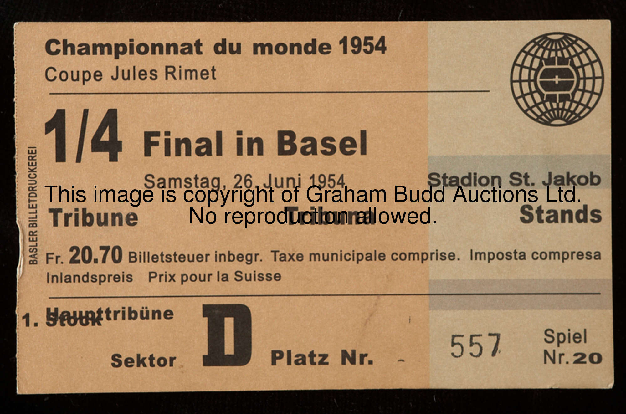 A ticket for the England v Uruguay World Cup quarter-final match played at the St. Jakob Stadium, Be...