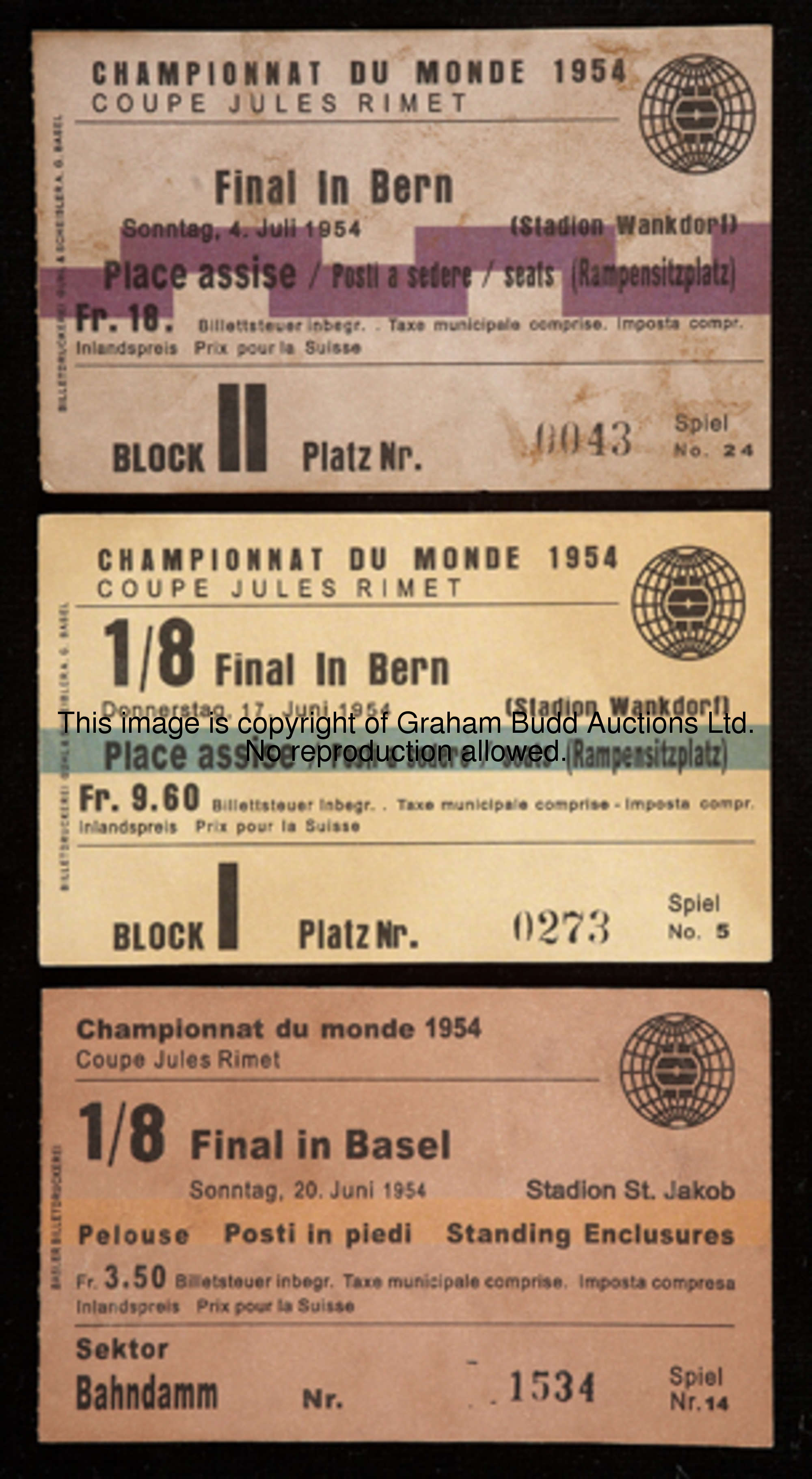 A group of three tickets relating to Germany matches at the 1954 World Cup, comprising issues for th...