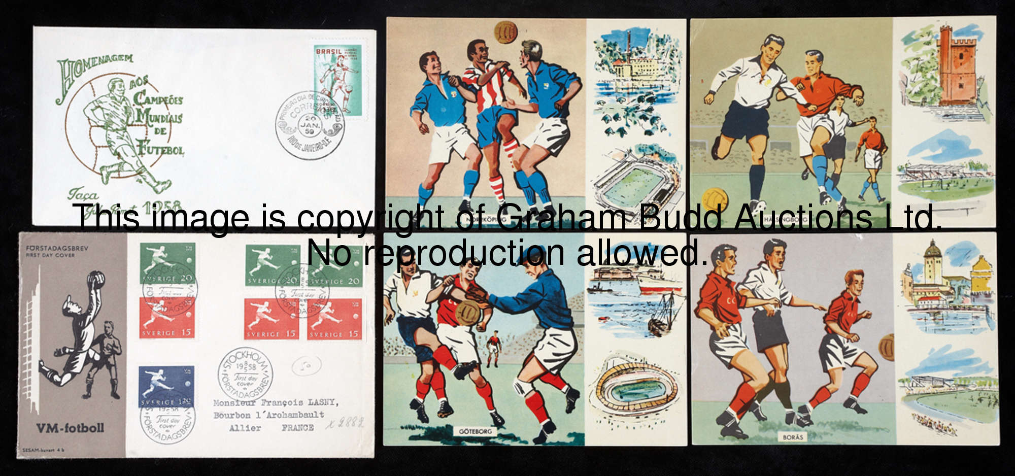 A complete set of 32 1958 World Cup postcards, published in Sweden, artist drawn images of match act...