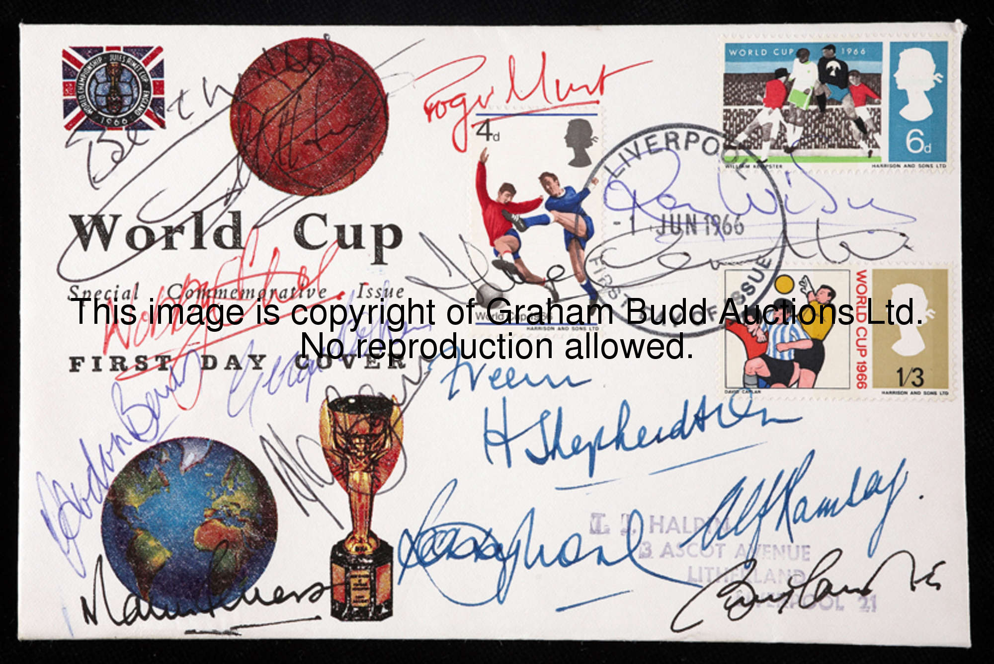 A 1966 World Cup winners First Day Cover signed by manager Alf Ramsey, trainer Harold Shepherdson an...