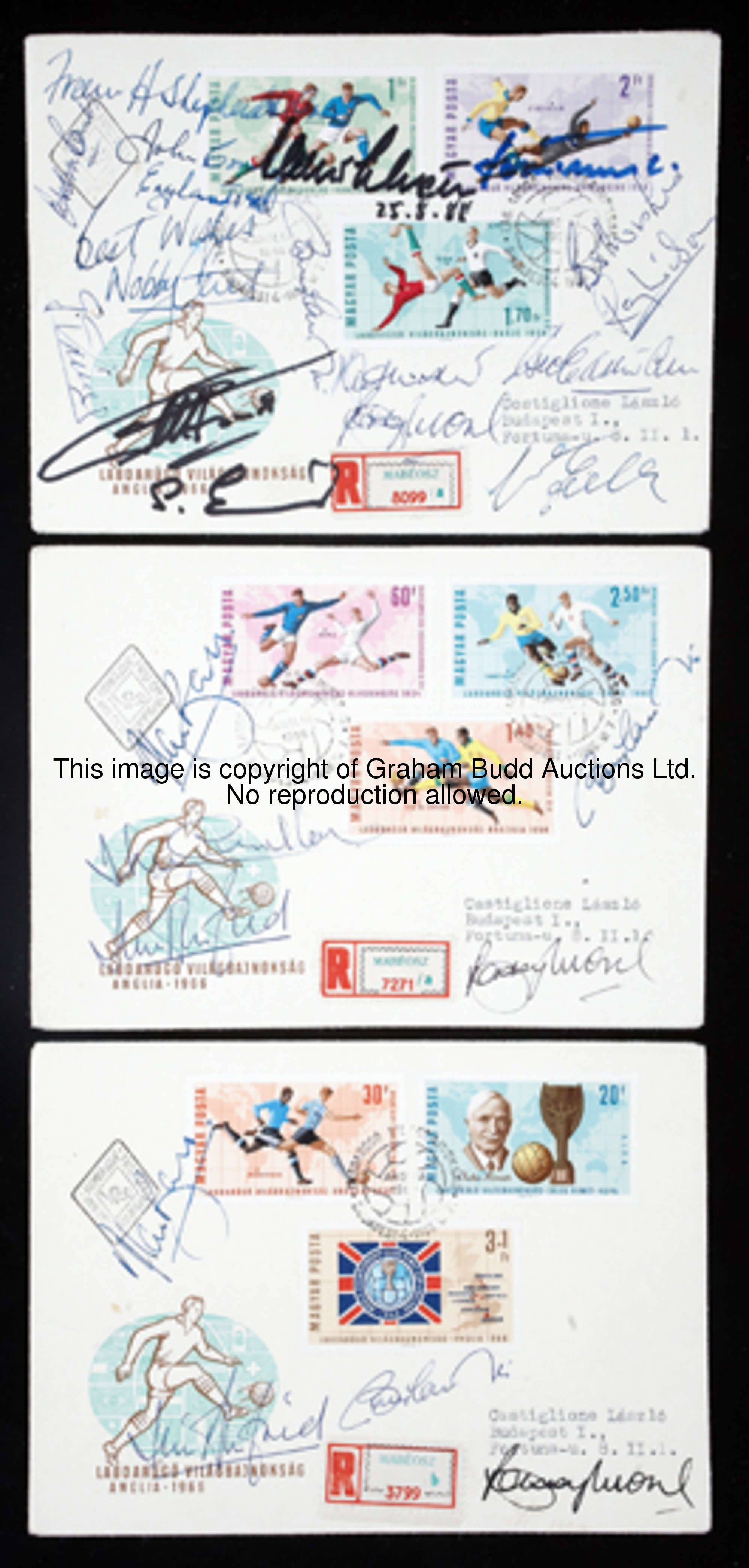 A group of three signed Hungarian issue 1966 World Cup postal covers, the first with England and Hun...