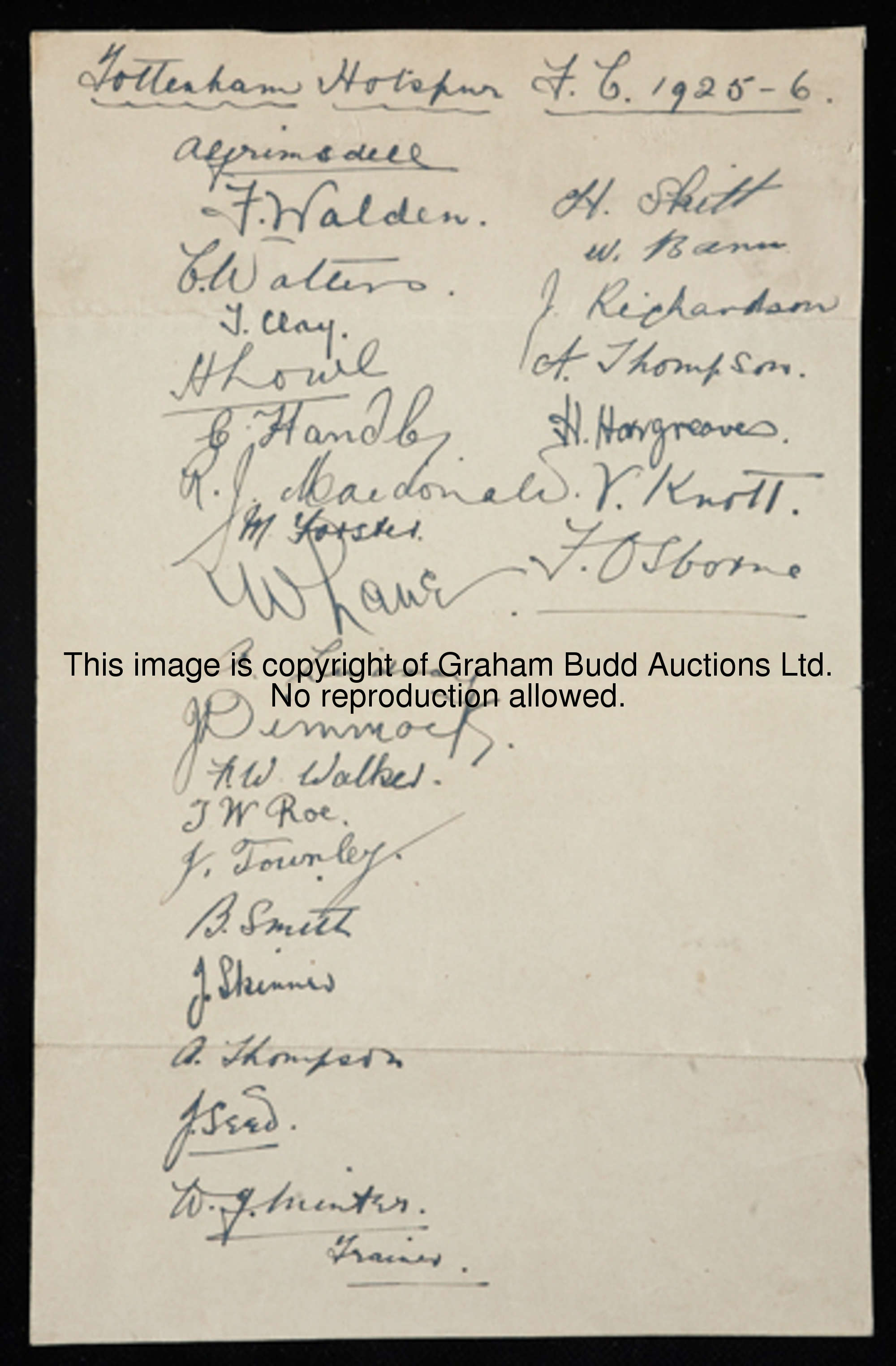 The autographs of the Tottenham Hotspur squad in season 1925-26, 26 signatures in ink on an album pa...