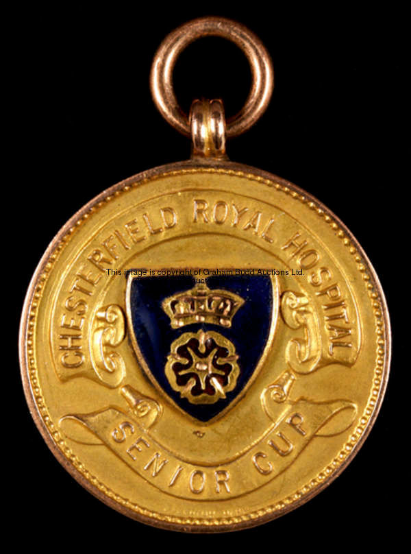 George Thornewell's 9ct. gold & enamel 1930 Chesterfield Royal Hospital Senior Cup winner's medal, i...